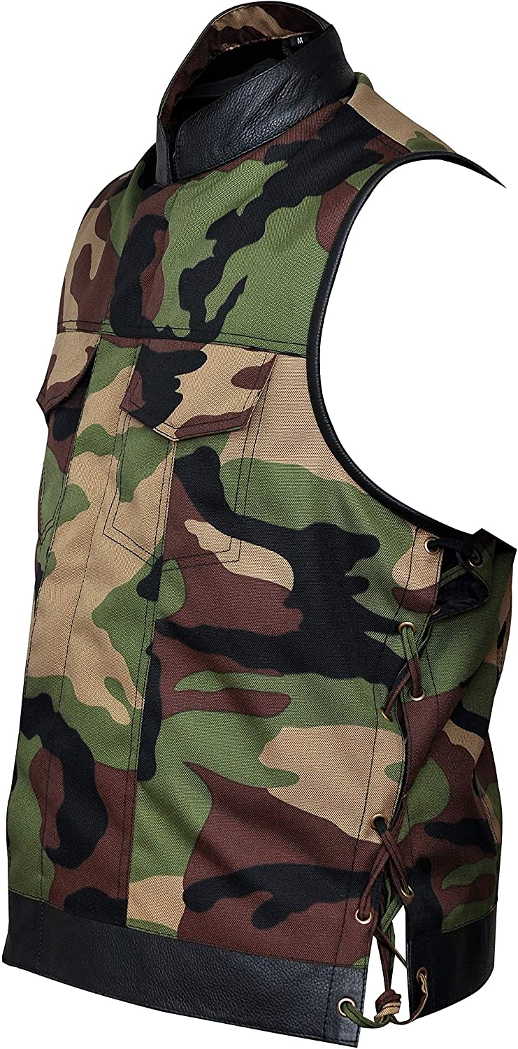 Military Print Camouflage Camo Cut Off Leather Lace Motorcycle Vest Waistcoat - NYLeathers