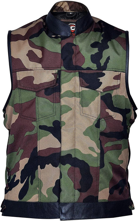 Military Print Camouflage Camo Cut Off Leather Lace Motorcycle Vest Waistcoat - NYLeathers