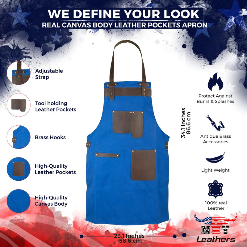 Top Grain Leather Royal Blue Canvas Apron Butcher Apron - BBQ Apron - Chef Apron - Blacksmith Apron - Woodwork Apron - Christmas