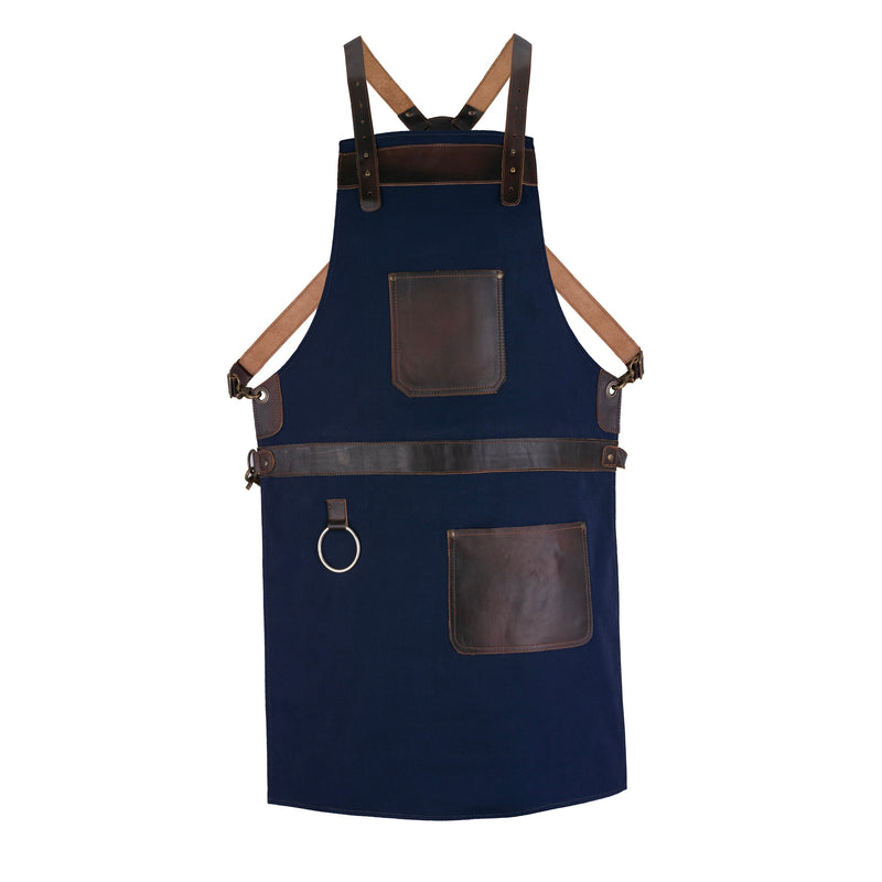 Top Grain Leather Blue Canvas Crossbody Apron Butcher Apron - BBQ Apron - Cooking Apron - Blacksmith Apron - Woodwork Apron - Christmas